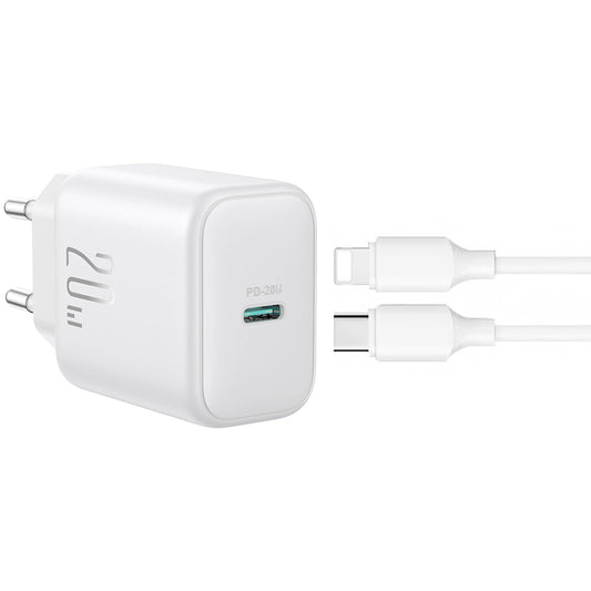 Polnilnik z omrežnim kablom Lightning Joyroom JR-TCF20, 20W, 3A, 1 x USB-C, Bel