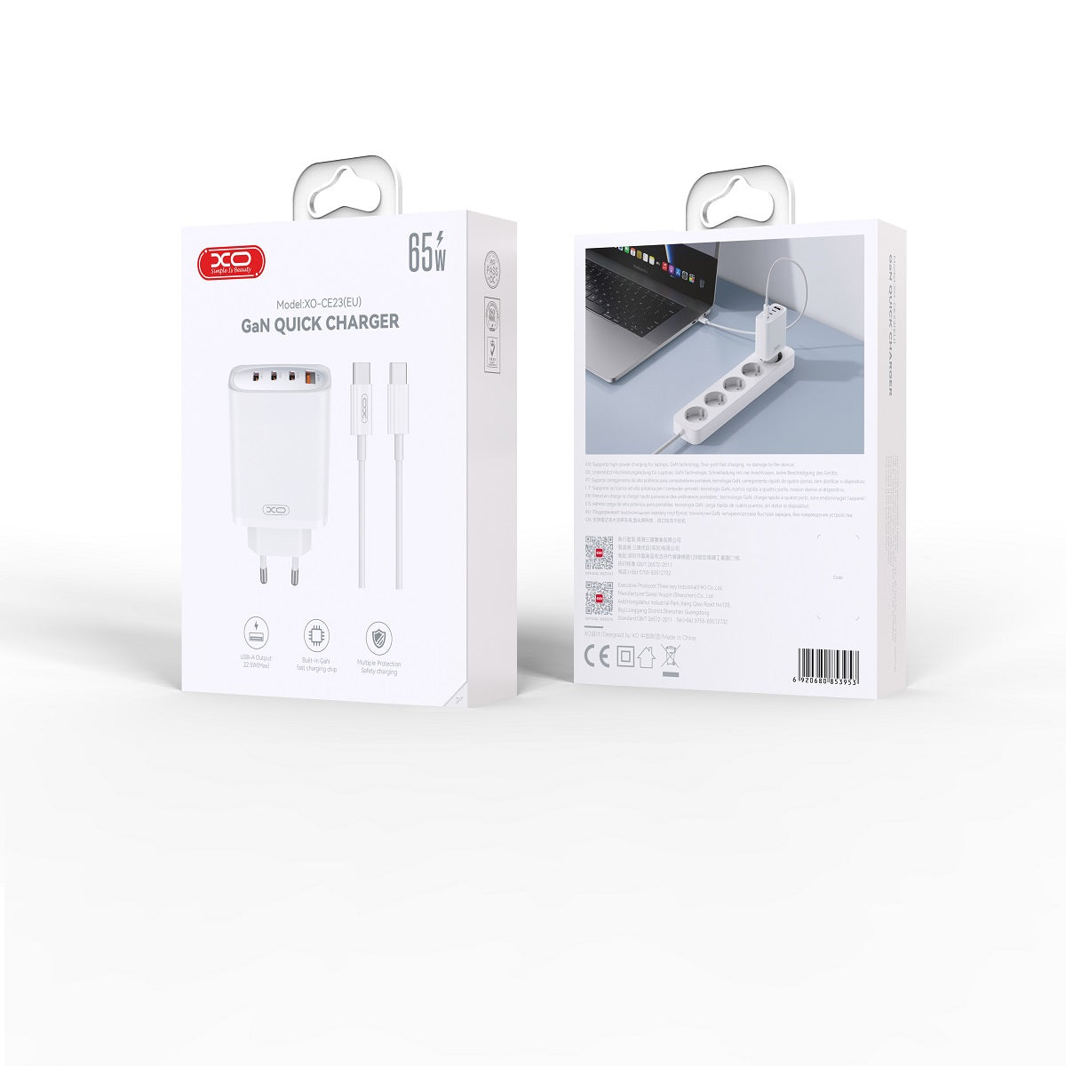 Network Charger with USB-C Cable XO Design CE23, 65W, 3.25A, 1 x USB-A - 3 x USB-C, White 