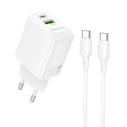 Polnilnik omrežja s kablom USB-C Borofone BN29 Fuente, 30W, 3A, 1 x USB-A - 1 x USB-C, bel
