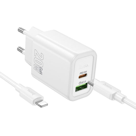 Polnilnik omrežja s kablom Lightning HOCO N61, 20W, 3A, 1 x USB-A - 1 x USB-C, bel