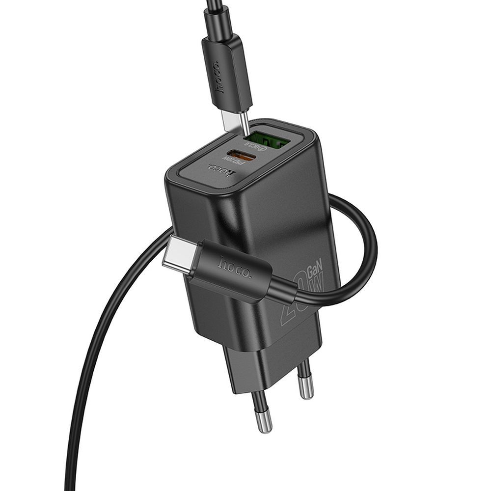 Polnilnik omrežja s kablom Lightning HOCO N61, 20W, 3A, 1 x USB-A - 1 x USB-C, črn