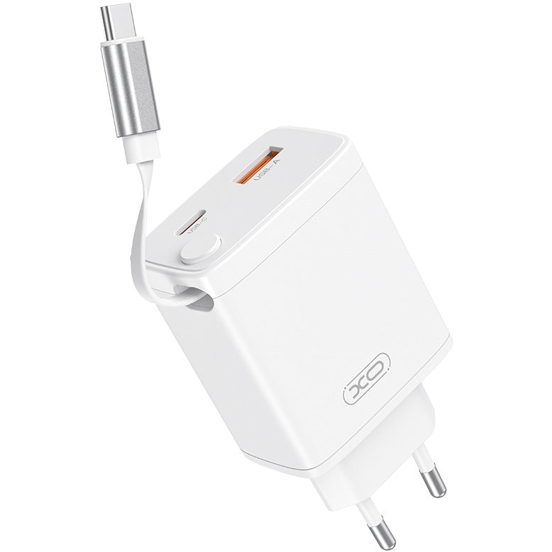 Polnilnik omrežja s kablom USB-C XO Design CE31, 30W, 3A, 1 x USB-A - 1 x USB-C, Bel