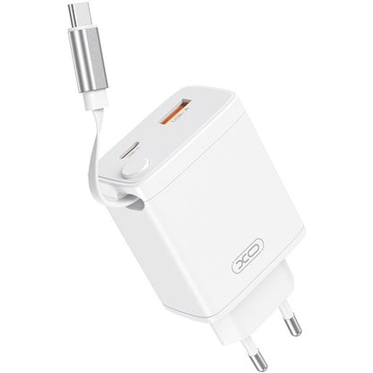 Polnilnik omrežja s kablom USB-C XO Design CE31, 30W, 3A, 1 x USB-A - 1 x USB-C, Bel