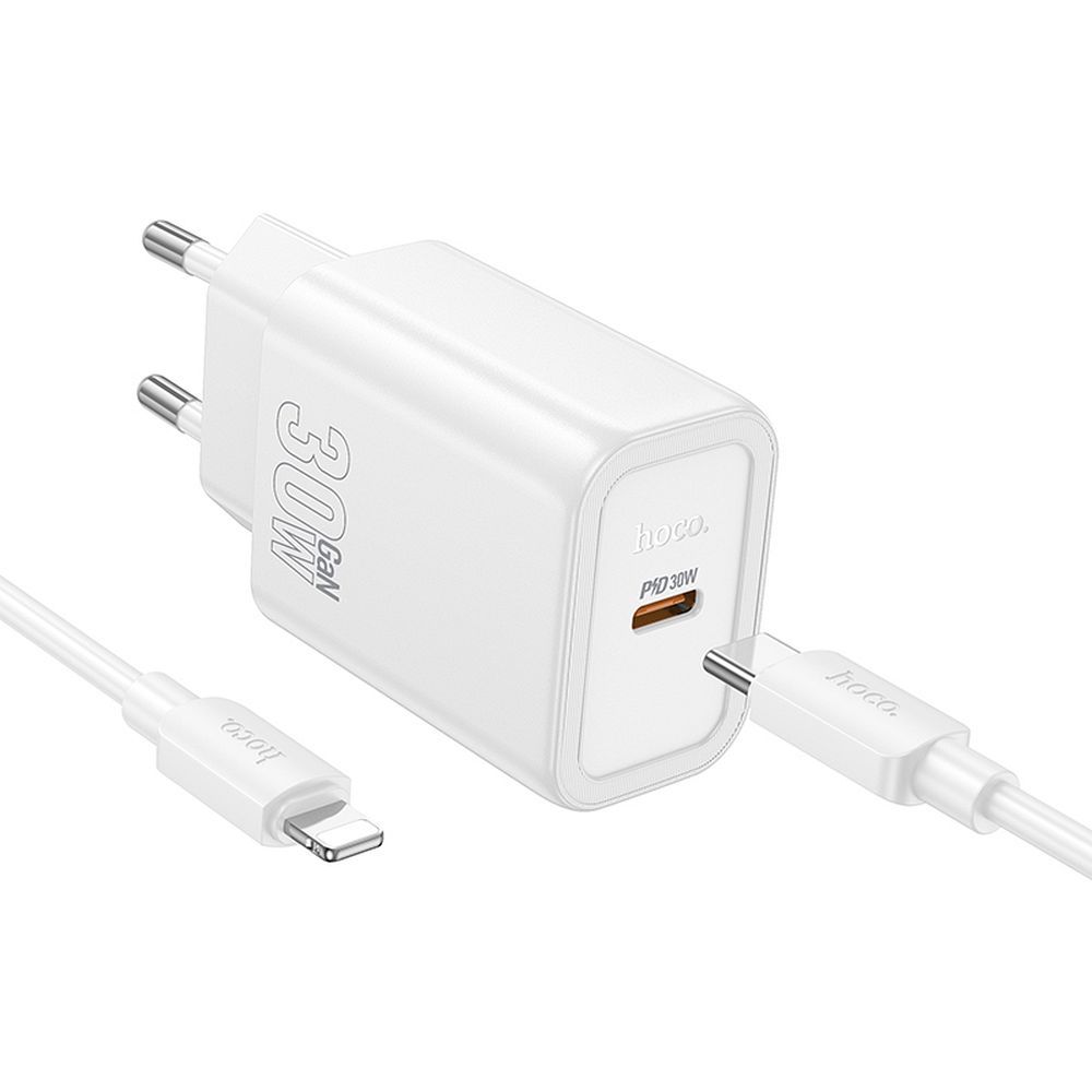 Omrežni polnilec s kablom Lightning HOCO N62, 30W, 3A, 1 x USB-C, Bel