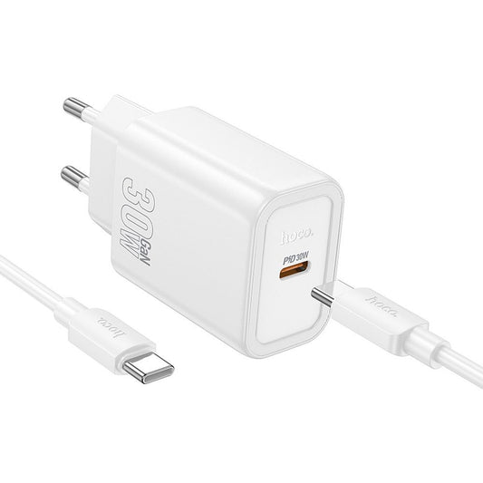 Polnilnik omrežja s kablom USB-C HOCO N62, 30W, 3A, 1 x USB-C, Bel