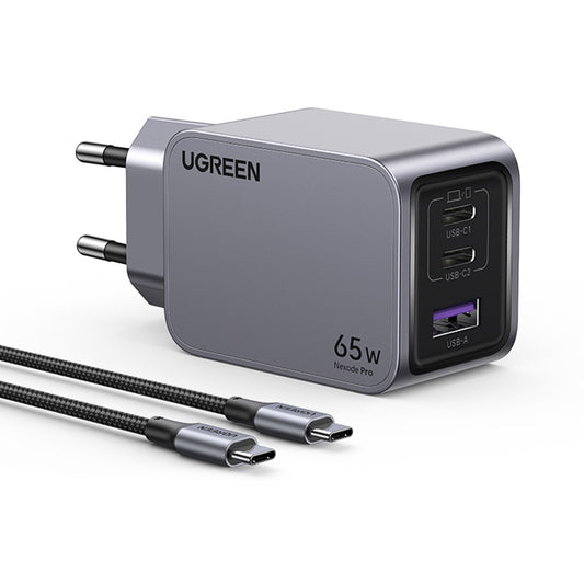 Polnilnik omrežja s kablom USB-C UGREEN X755 Nexode Pro, 65W, 3A, 1 x USB-A - 2 x USB-C, siv
