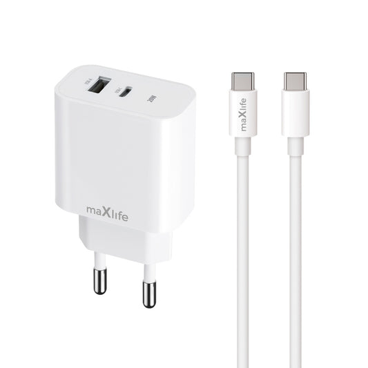Polnilnik omrežja z USB-C kablom MaXlife MXTC-06-20AC, 20W, 3A, 1 x USB-A - 1 x USB-C, Bel