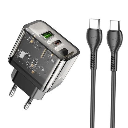 Network Charger with USB-C Cable HOCO N34, 20W, 3A, 1 x USB-A - 1 x USB-C, Transparent
