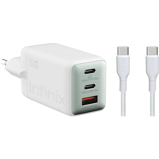 Polnilnik omrežja s kablom USB-C Infinix XC07868EU + XDC95, 68W, 6.2A, 1 x USB-A - 2 x USB-C, Bel