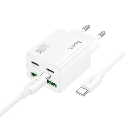 Polnilnik omrežja s kablom USB-C HOCO N56, 30W, 3A, 2 x USB-A - 2 x USB-C, Bel