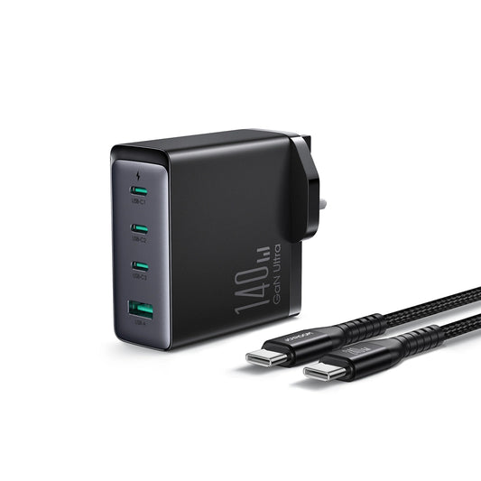 Omrežni polnilec z USB-C kablom Joyroom JR-TCG05UK, 140W, 5A, 1 x USB-A - 3 x USB-C, UK, črn