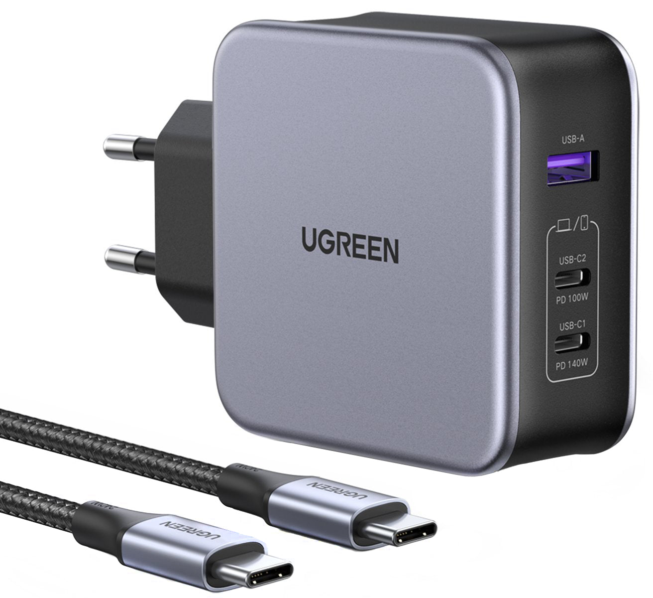 Polnilnik omrežja s kablom USB-C UGREEN CD289, 140W, 5A, 1 x USB-A - 2 x USB-C, siv