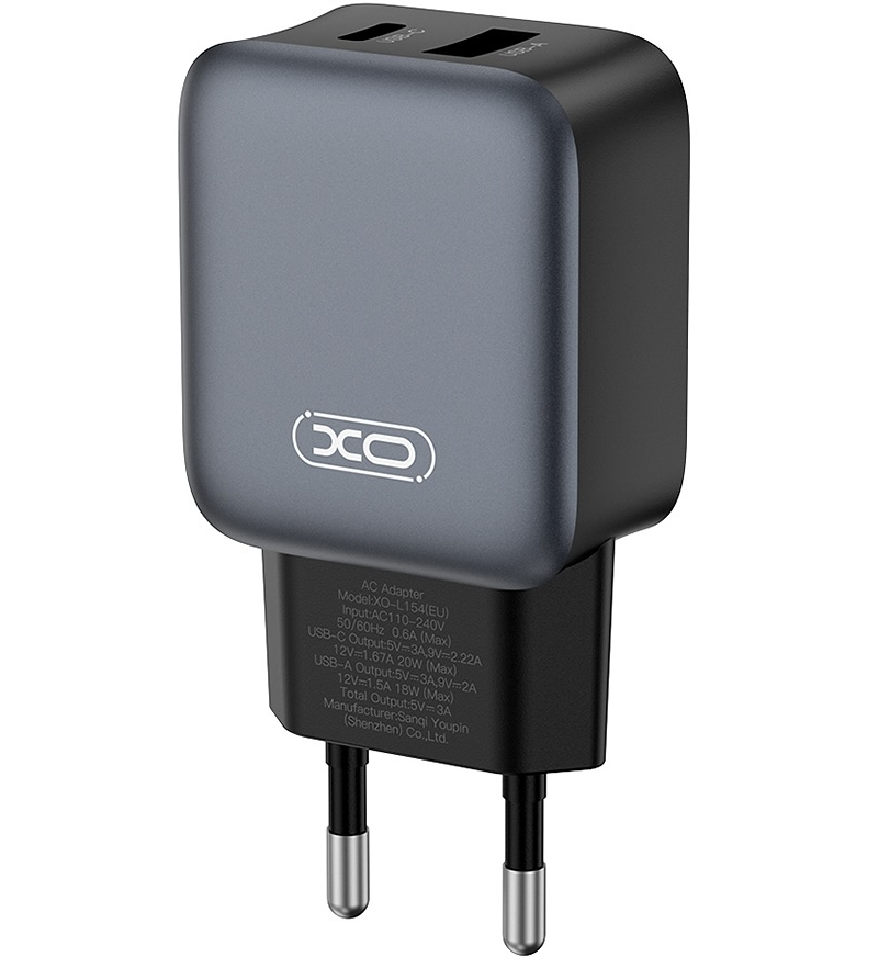 Polnilnik za omrežje s kablom Lightning XO Design L154, 20W, 3A, 1 x USB-A - 1 x USB-C, črn