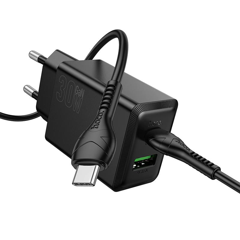 Polnilnik omrežja s kablom USB-C HOCO N71, 30W, 3A, 1 x USB-A - 1 x USB-C, črn