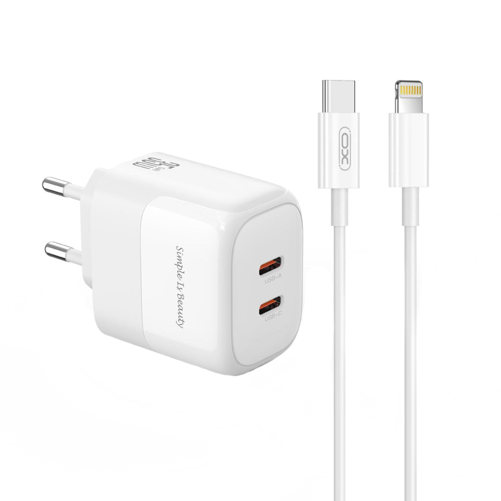 Omrežni polnilec s kablom Lightning XO Design L140, 35W, 3A, 2 x USB-C, Bel