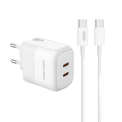 Omrežni polnilec s kablom USB-C XO Design L140, 35W, 3A, 2 x USB-C, Bel