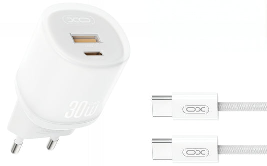 Omrežni polnilec s kablom USB-C XO Design L151, 30W, 3A, 1 x USB-A - 1 x USB-C, Bel