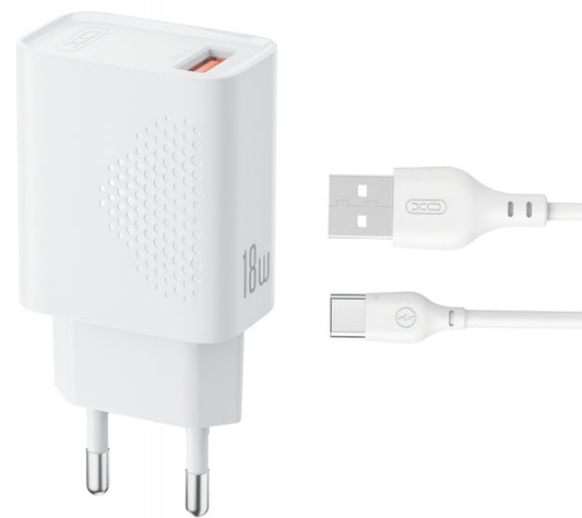 Polnilnik omrežja s kablom USB-C XO Design L159, 18W, 3A, 1 x USB-A, Bel