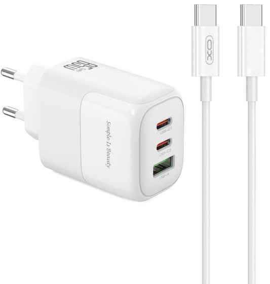 Polnilnik omrežja s kablom USB-C XO Design L139, 65W, 4.5A, 1 x USB-A - 2 x USB-C, Bel