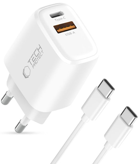 Network Charger with USB-C Cable Tech-Protect NCA45W, 45W, 3A, 1 x USB-A - 1 x USB-C, White