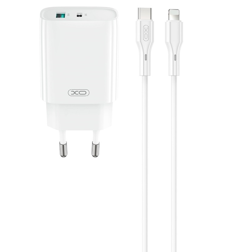 Polnilnik za omrežje z Lightning kablom XO Design CE30, 30W, 3A, 1 x USB-A - 1 x USB-C, Bel