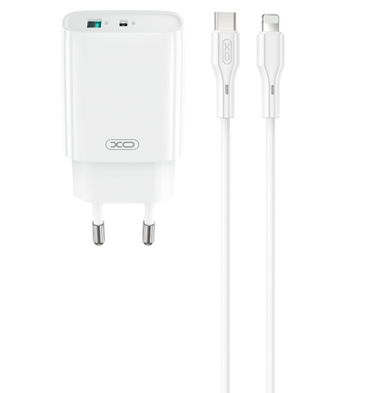 Polnilnik za omrežje z Lightning kablom XO Design CE30, 30W, 3A, 1 x USB-A - 1 x USB-C, Bel