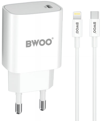 Polnilnik omrežja z Lightning kablom BWOO CDA159, 20W, 3A, 1 x USB-C, Bel