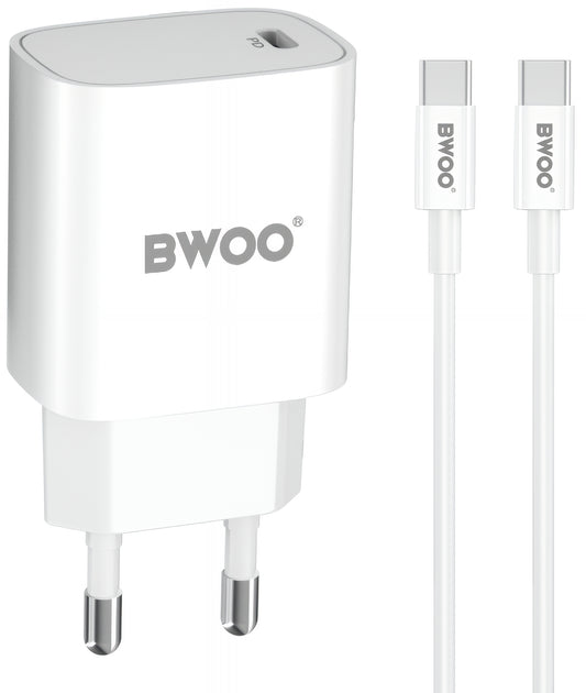 Omrežni polnilec z USB-C kablom BWOO CDA159, 20W, 3A, 1 x USB-C, Bel