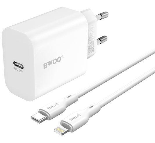 Polnilnik omrežja s kablom Lightning BWOO CDA233, 20W, 3A, 1 x USB-C, Bel