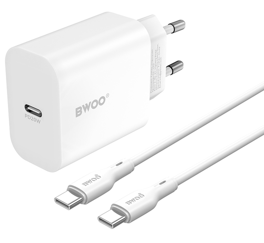 Polnilnik omrežja s kablom USB-C BWOO CDA233, 20W, 3A, 1 x USB-C, Bel