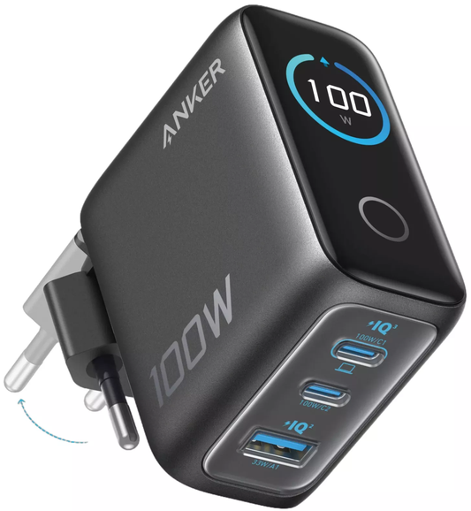 Anker Smart Display USB-C Network Charger with Cable, 100W, 5A, 1 x USB-A - 2 x USB-C, Gray B121BGZ1