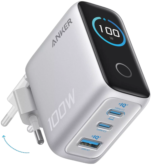 Polnilnik omrežja z USB-C kablom Anker Smart Display, 100W, 5A, 1 x USB-A - 2 x USB-C, Srebrn B121BG41