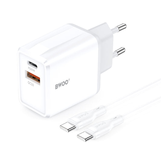 Polnilnik omrežja z USB-C kablom BWOO CDA182, 38W, 3A, 1 x USB-A - 1 x USB-C, Bel