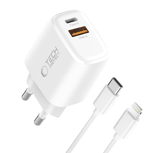 Omrežni polnilec s kablom Lightning Tech-Protect NCA20, 20W, 3A, 1 x USB-A - 1 x USB-C, bel