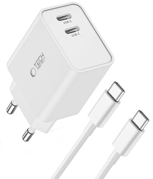 Omrežni polnilec s kablom USB-C Tech-Protect C35W, 35W, 3A, 2 x USB-C, bel