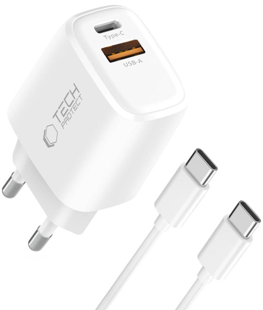 Omrežni polnilec s kablom USB-C Tech-Protect NCA20, 20W, 3A, 1 x USB-A - 1 x USB-C, bel