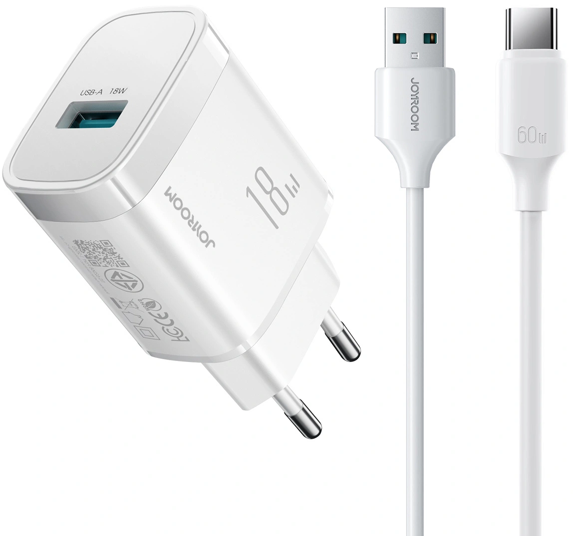 Omrežni polnilec z USB-C kablom Joyroom JR-TF4, 18W, 3A, 1 x USB-A, bel