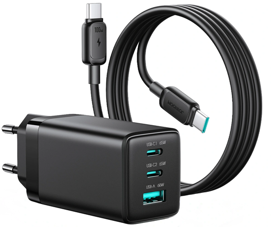 Omrežni polnilec z USB-C kablom Joyroom JR-TG10, 65W, 3,25A, 1 x USB-A - 2 x USB-C, črn