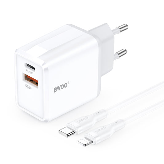 Omrežni polnilec z Lightning kablom BWOO CDA182, 38W, 3A, 1 x USB-A - 1 x USB-C, bel