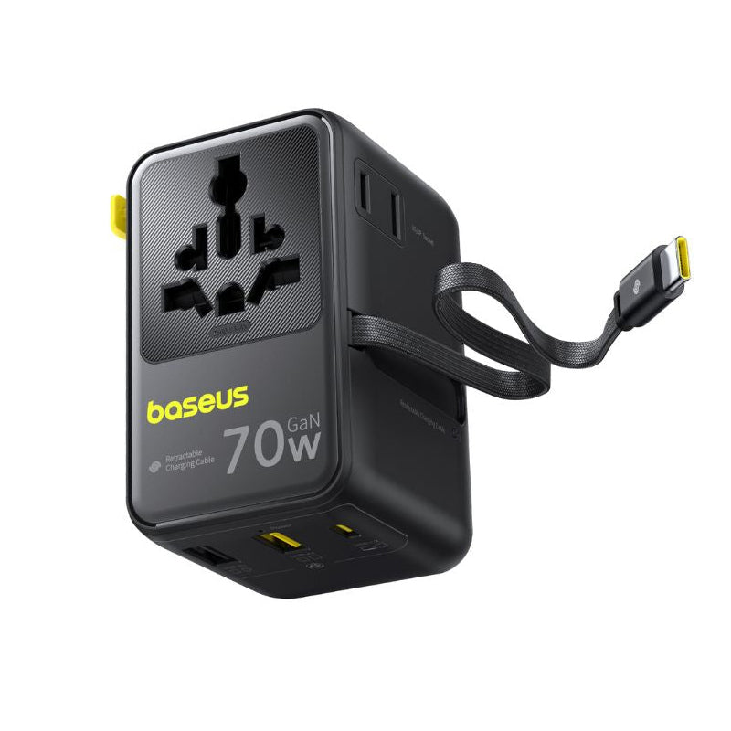 Omrežni polnilec z USB-C kablom Baseus Travel EnerCore CG11, 70W, 2 x vtičnica - 1 x USB-C - 2 x USB-A, črn E0307E00