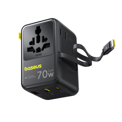 Omrežni polnilec z USB-C kablom Baseus Travel EnerCore CG11, 70W, 2 x vtičnica - 1 x USB-C - 2 x USB-A, črn E0307E00