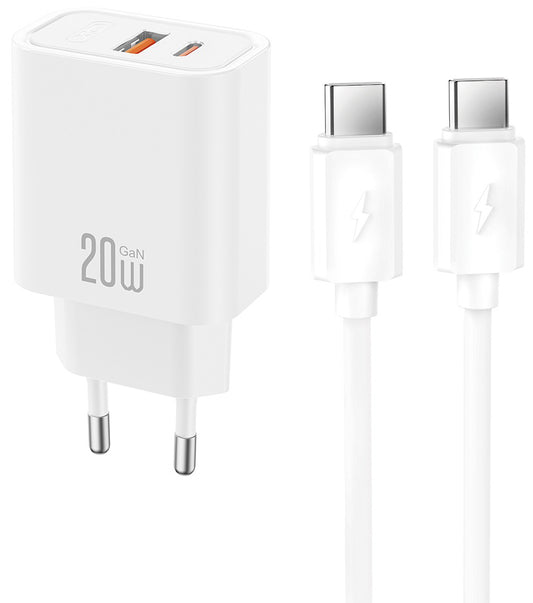 Omrežni polnilec z USB-C kablom XO Design CE40, 20W, 3A, 1 x USB-A - 1 x USB-C, bel