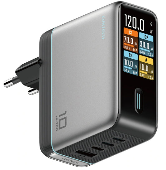 Omrežni polnilec s kablom USB-C Cuktech AD1204U Display, 120W, 6A, 1 x USB-A - 2 x USB-C, srebrn