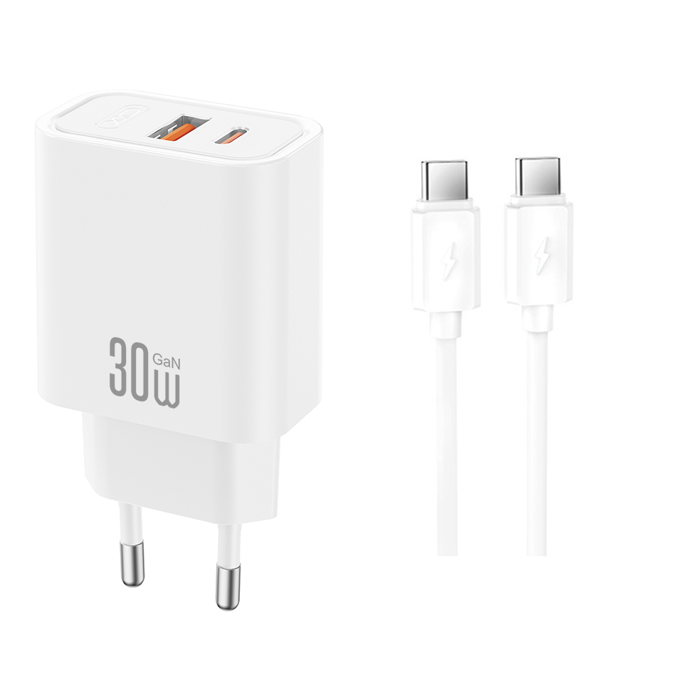 Omrežni polnilec z USB-C kablom XO Design CE42, 30W, 3A, 1 x USB-A - 1 x USB-C, bel