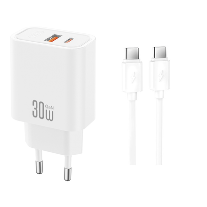 Omrežni polnilec z USB-C kablom XO Design CE42, 30W, 3A, 1 x USB-A - 1 x USB-C, bel