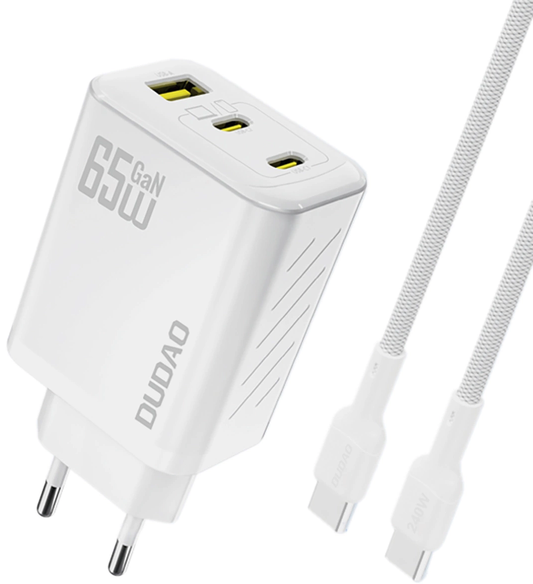 Omrežni polnilec z USB-C kablom Dudao A29C, 65W, 3,25A, 1 x USB-A - 2 x USB-C, bel