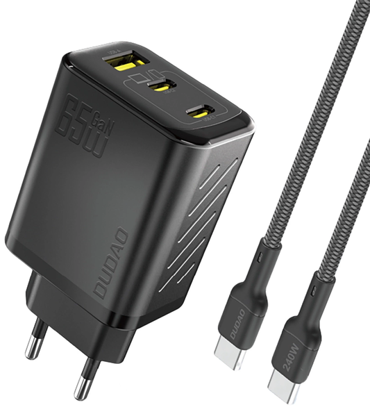 Omrežni polnilec z USB-C kablom Dudao A29C, 65W, 3,25A, 1 x USB-A - 2 x USB-C, črn