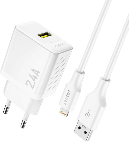 Omrežni polnilnik s kablom Lightning Dudao A23LEU, 12 W, 2,4 A, 1 × USB-A, bel