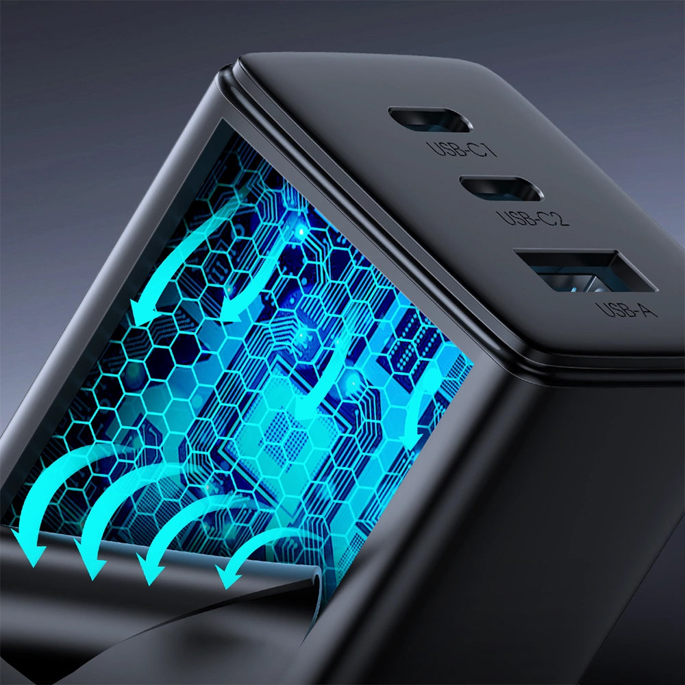 Polnilnik omrežja s kablom USB-C Joyroom TCG01, 65W, 3.25A, 1 x USB-A - 2 x USB-C, črn
