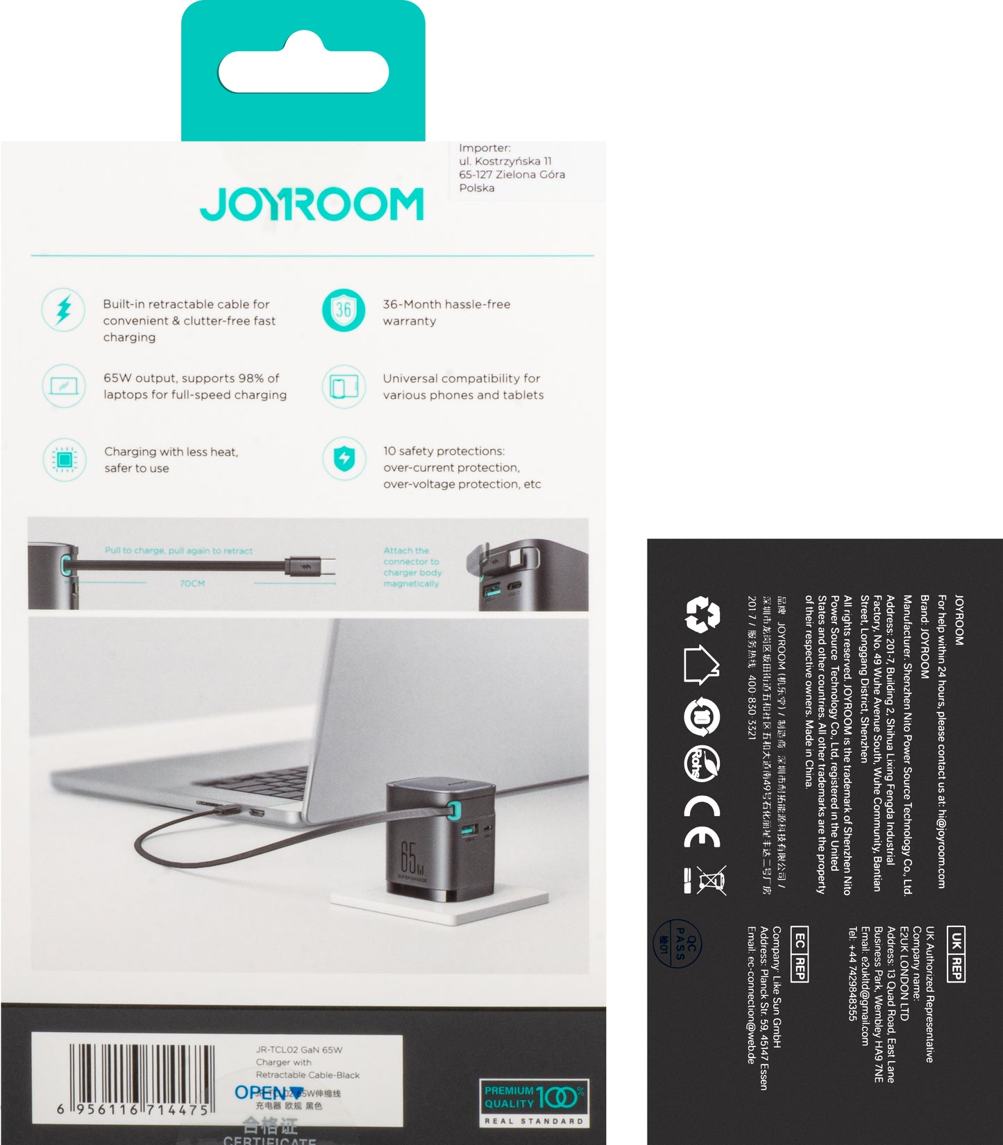 Joyroom JR-TCL02 USB-C Cabled Network Charger JR-TCL02, 65W, 3A, 1 x USB-A - 1 x USB-C, Black 